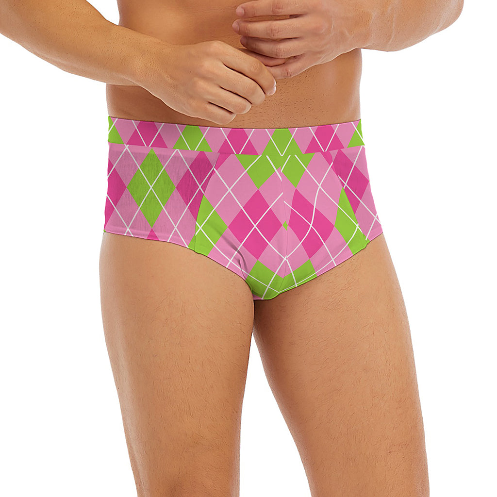 Pink And Green Argyle Pattern Print Men's Briefs