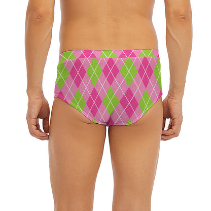 Pink And Green Argyle Pattern Print Men's Briefs