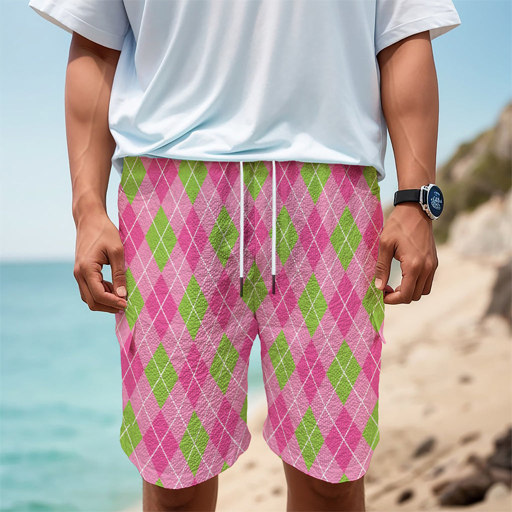 Pink And Green Argyle Pattern Print Men's Cargo Shorts