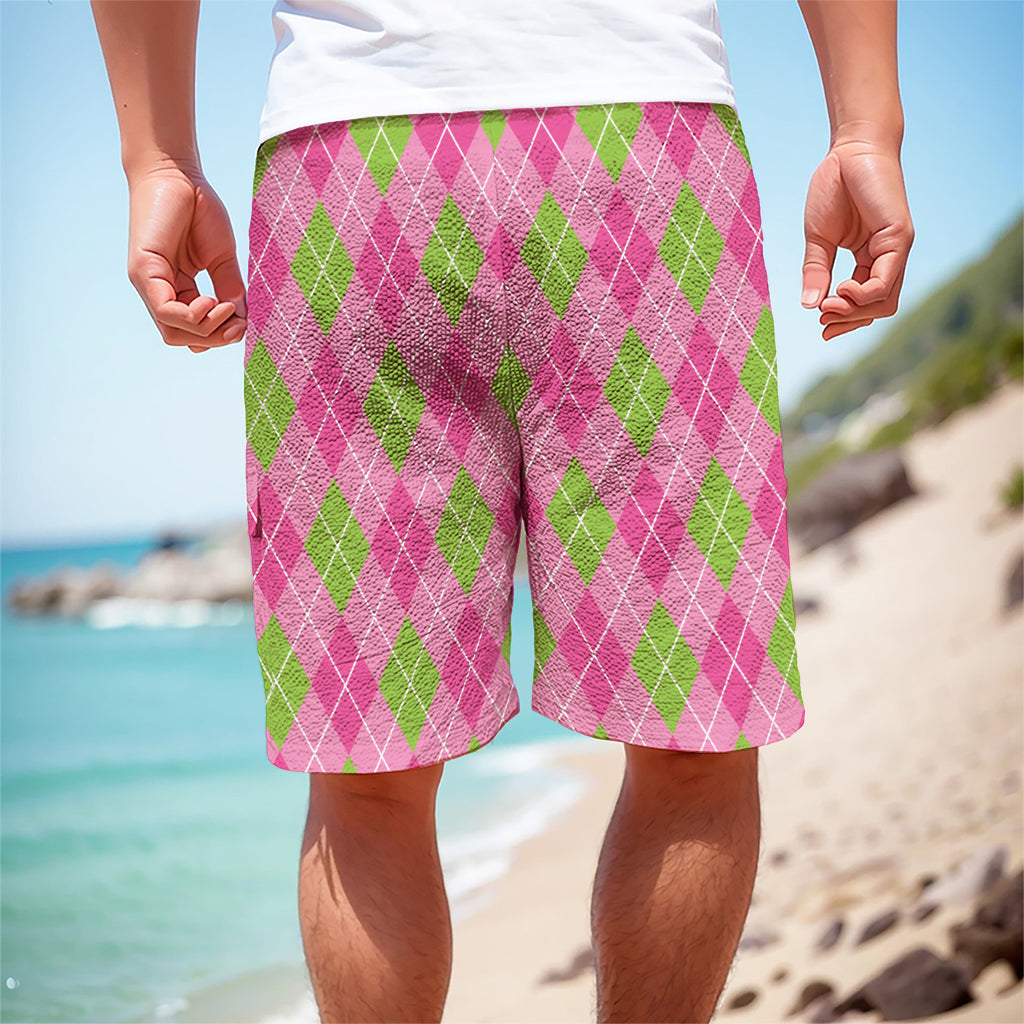 Pink And Green Argyle Pattern Print Men's Cargo Shorts