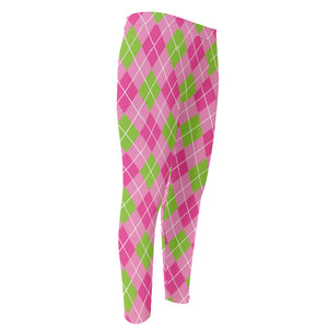 Pink And Green Argyle Pattern Print Men's Compression Pants