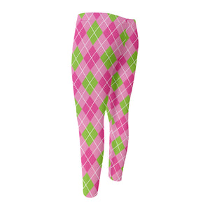 Pink And Green Argyle Pattern Print Men's Compression Pants