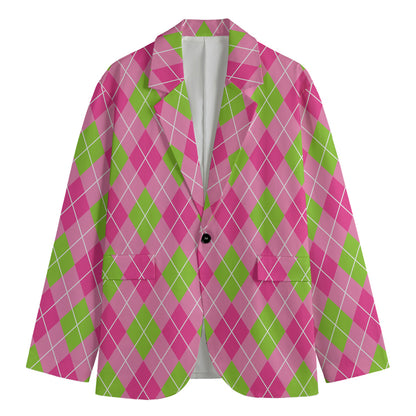 Pink And Green Argyle Pattern Print Men's Cotton Blazer
