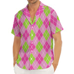 Pink And Green Argyle Pattern Print Men's Deep V-Neck Shirt