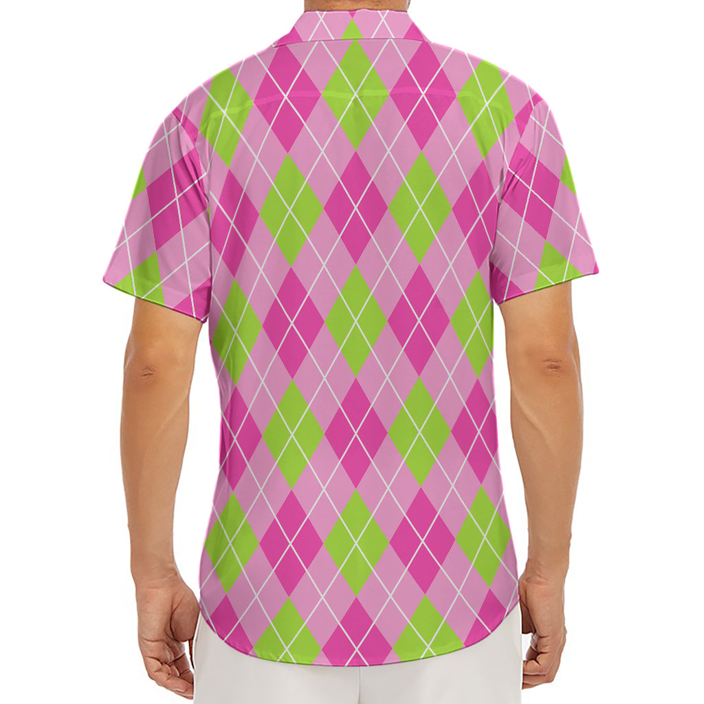 Pink And Green Argyle Pattern Print Men's Deep V-Neck Shirt