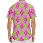 Pink And Green Argyle Pattern Print Men's Deep V-Neck Shirt