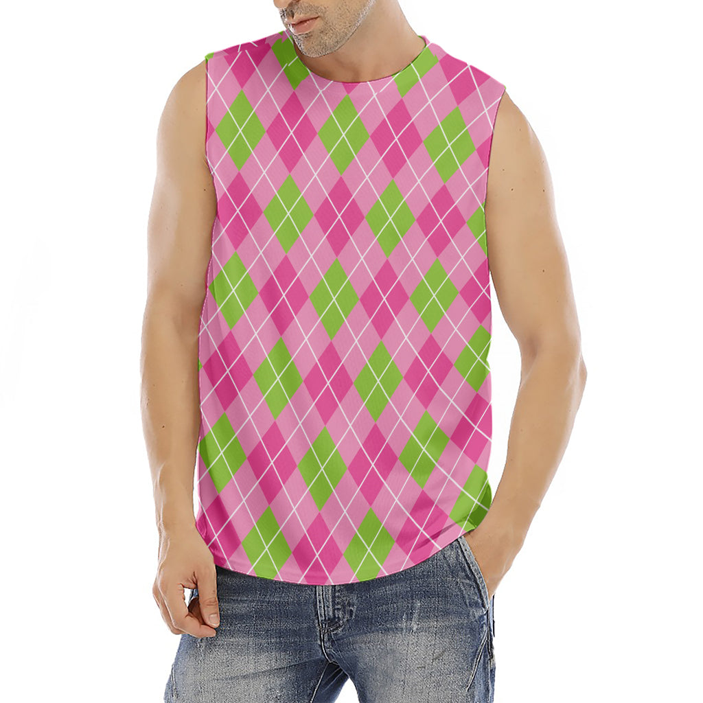 Pink And Green Argyle Pattern Print Men's Fitness Tank Top