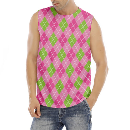 Pink And Green Argyle Pattern Print Men's Fitness Tank Top