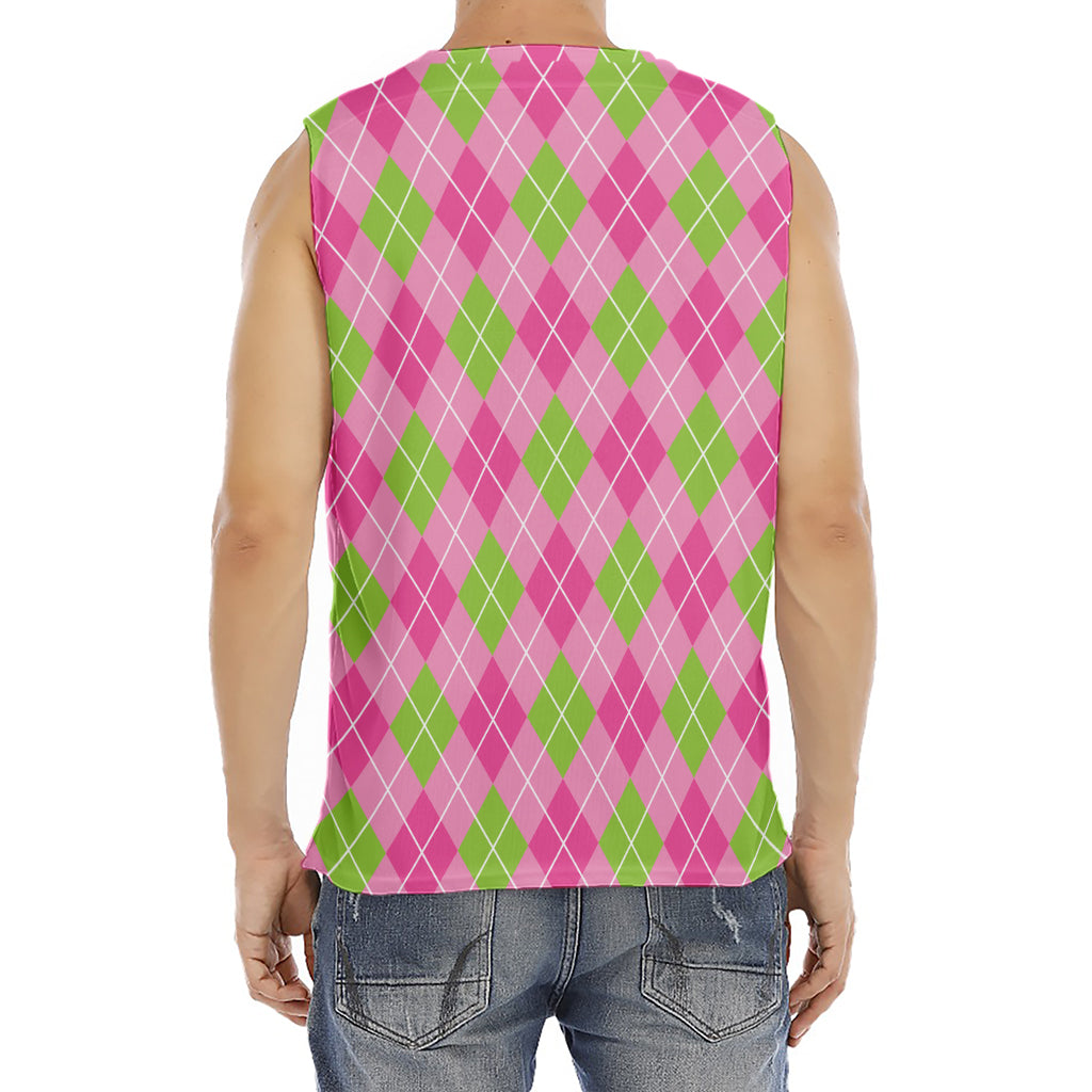 Pink And Green Argyle Pattern Print Men's Fitness Tank Top