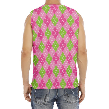 Pink And Green Argyle Pattern Print Men's Fitness Tank Top