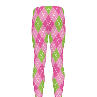Pink And Green Argyle Pattern Print Men's leggings