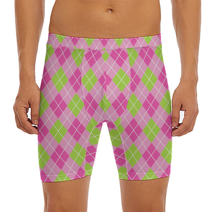 Pink And Green Argyle Pattern Print Men's Long Boxer Briefs