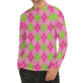 Pink And Green Argyle Pattern Print Men's Long Sleeve Rash Guard