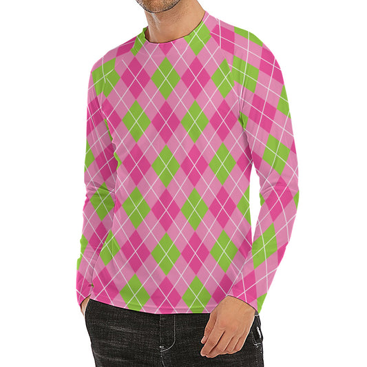 Pink And Green Argyle Pattern Print Men's Long Sleeve Rash Guard