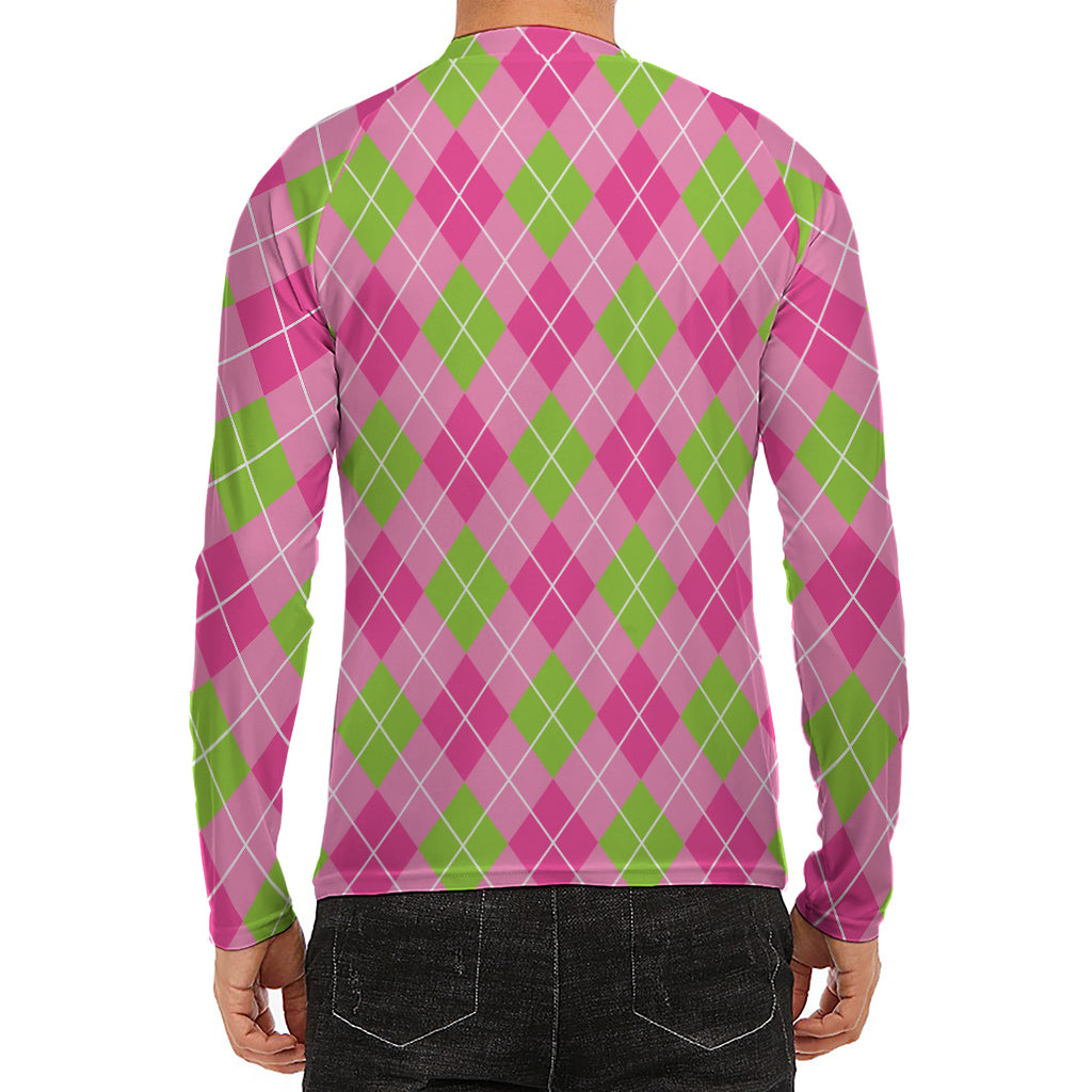Pink And Green Argyle Pattern Print Men's Long Sleeve Rash Guard