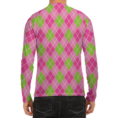Pink And Green Argyle Pattern Print Men's Long Sleeve Rash Guard