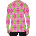 Pink And Green Argyle Pattern Print Men's Long Sleeve T-Shirt