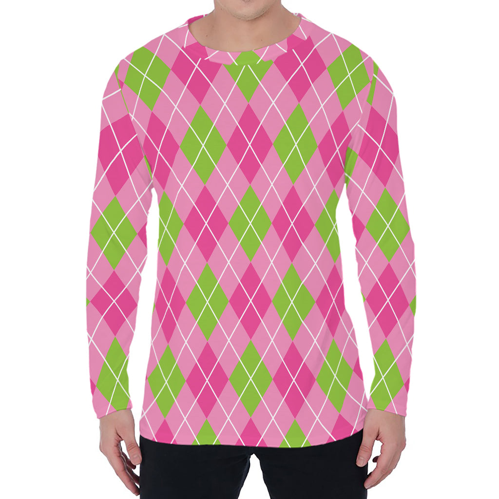 Pink And Green Argyle Pattern Print Men's Long Sleeve T-Shirt