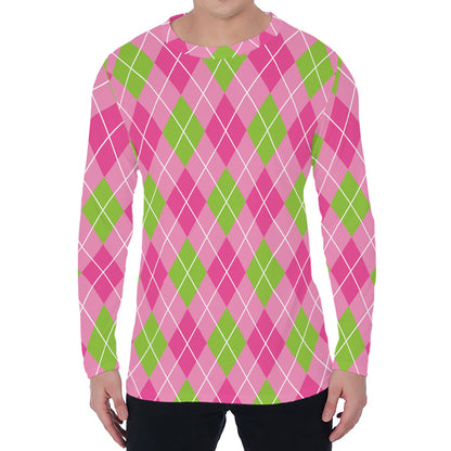 Pink And Green Argyle Pattern Print Men's Long Sleeve T-Shirt