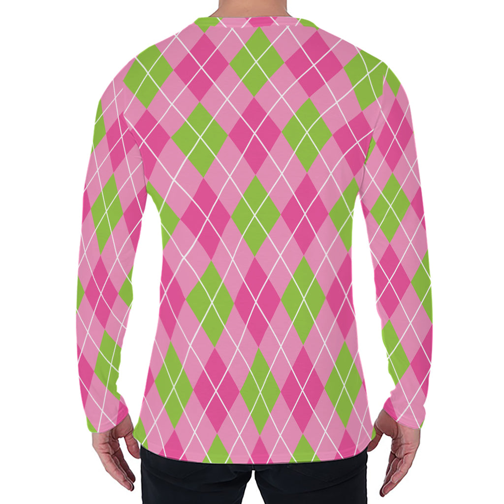 Pink And Green Argyle Pattern Print Men's Long Sleeve T-Shirt