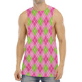 Pink And Green Argyle Pattern Print Men's Muscle Tank Top