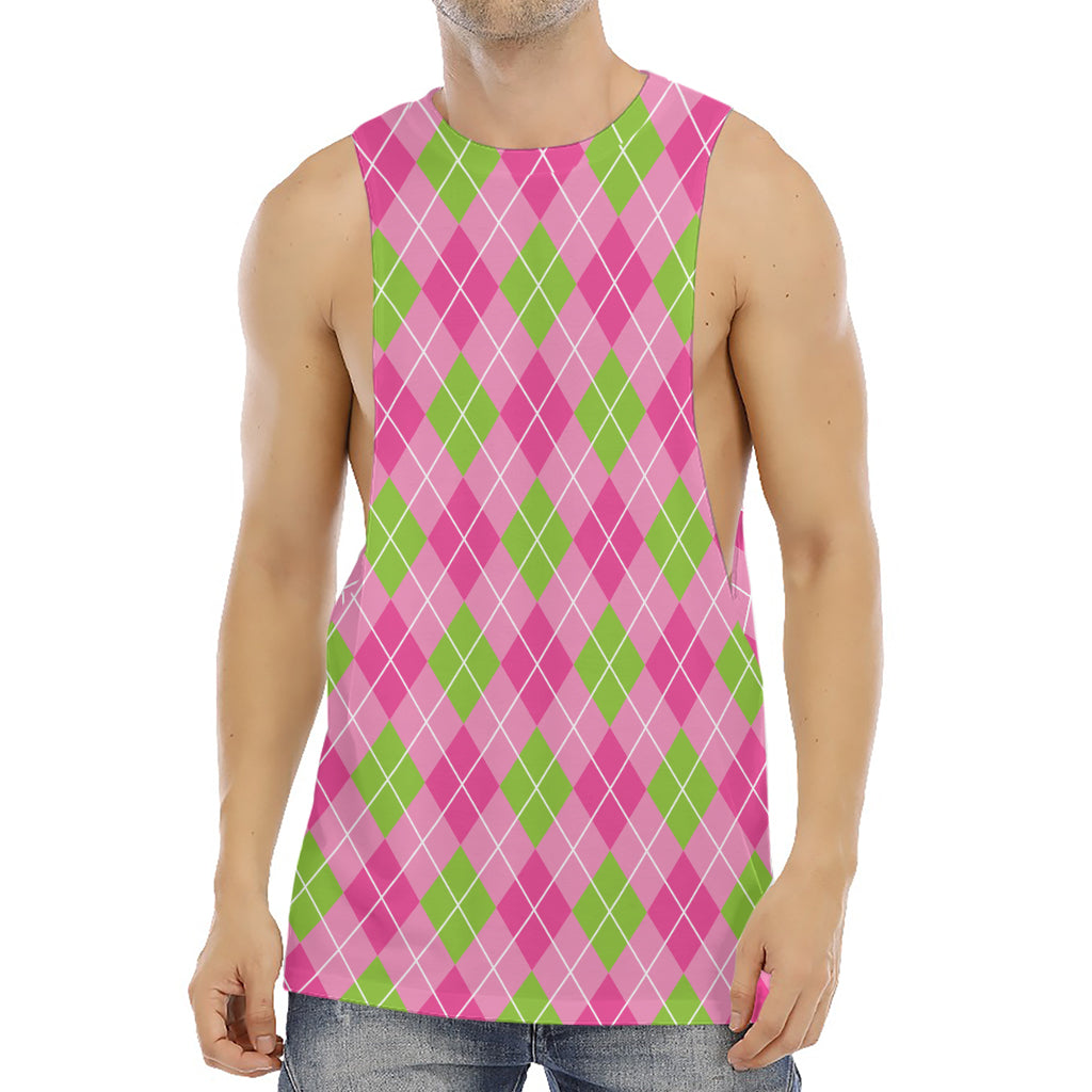 Pink And Green Argyle Pattern Print Men's Muscle Tank Top