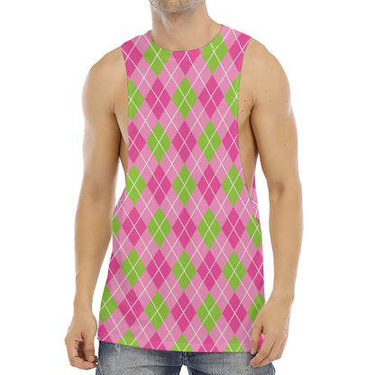 Pink And Green Argyle Pattern Print Men's Muscle Tank Top