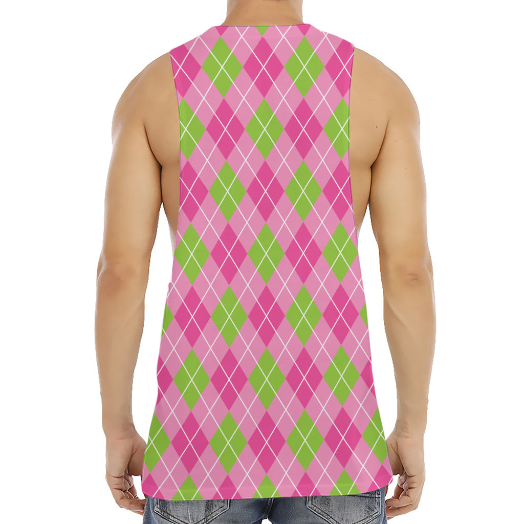 Pink And Green Argyle Pattern Print Men's Muscle Tank Top