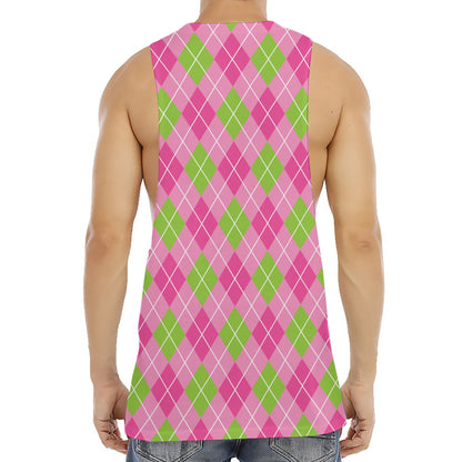 Pink And Green Argyle Pattern Print Men's Muscle Tank Top