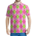 Pink And Green Argyle Pattern Print Men's Polo Shirt