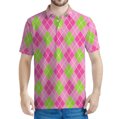 Pink And Green Argyle Pattern Print Men's Polo Shirt