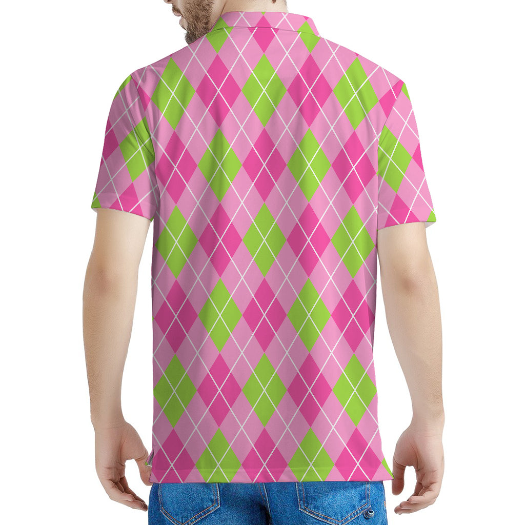 Pink And Green Argyle Pattern Print Men's Polo Shirt