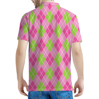 Pink And Green Argyle Pattern Print Men's Polo Shirt