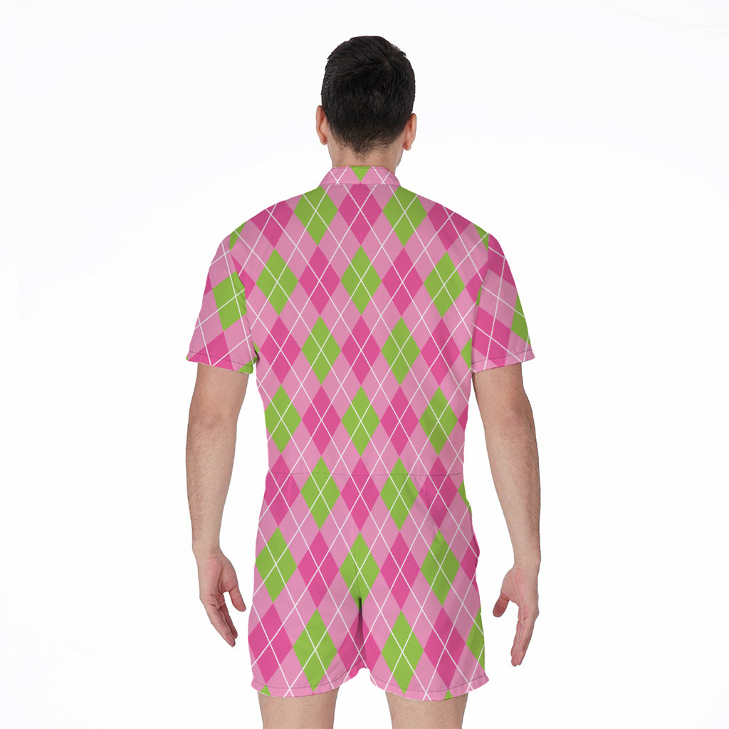 Pink And Green Argyle Pattern Print Men's Rompers