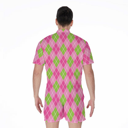 Pink And Green Argyle Pattern Print Men's Rompers