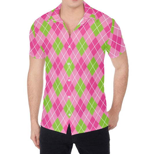 Pink And Green Argyle Pattern Print Men's Shirt