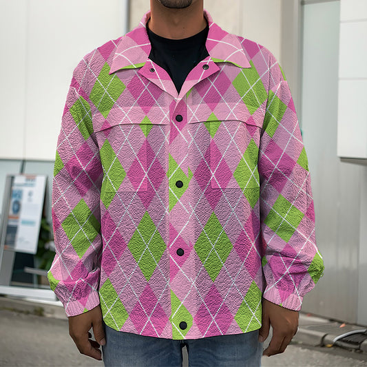 Pink And Green Argyle Pattern Print Men's Shirt Jacket