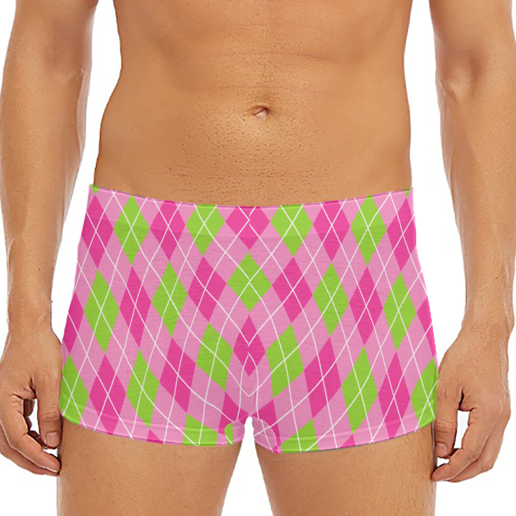 Pink And Green Argyle Pattern Print Men's Short Boxer Briefs