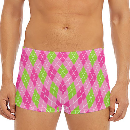 Pink And Green Argyle Pattern Print Men's Short Boxer Briefs