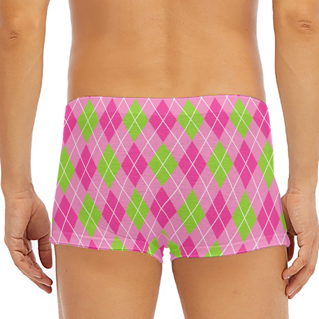 Pink And Green Argyle Pattern Print Men's Short Boxer Briefs