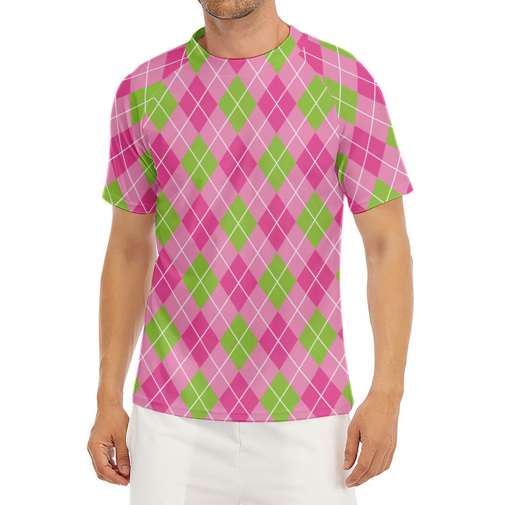 Pink And Green Argyle Pattern Print Men's Short Sleeve Rash Guard