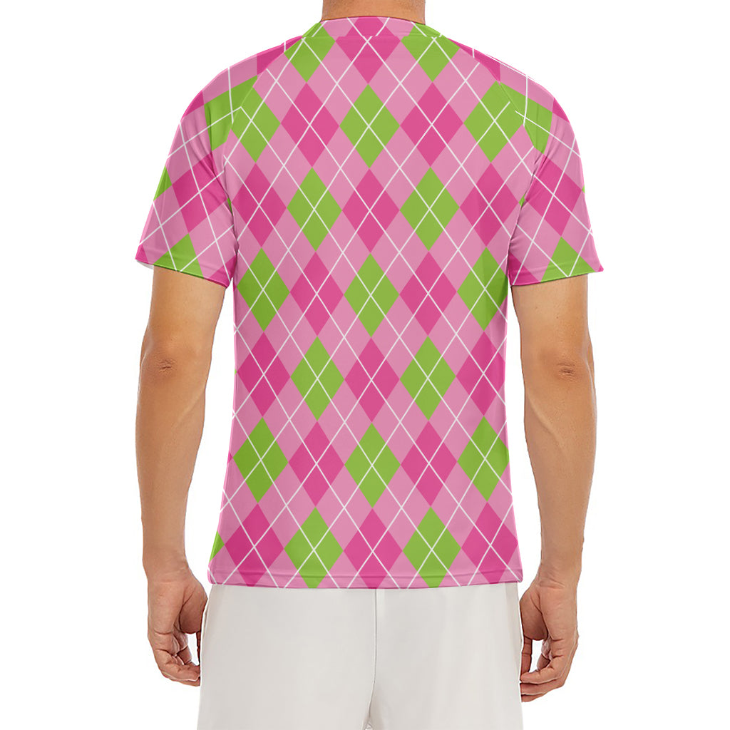 Pink And Green Argyle Pattern Print Men's Short Sleeve Rash Guard