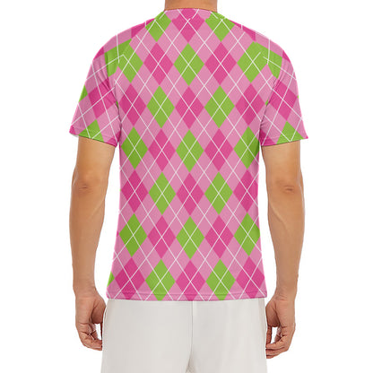 Pink And Green Argyle Pattern Print Men's Short Sleeve Rash Guard