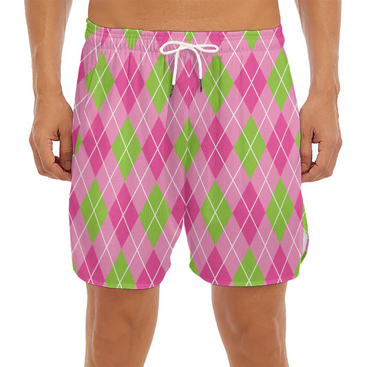 Pink And Green Argyle Pattern Print Men's Split Running Shorts