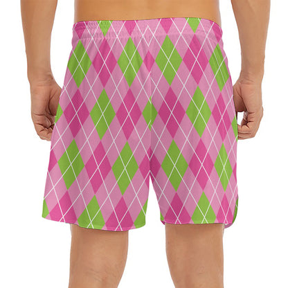 Pink And Green Argyle Pattern Print Men's Split Running Shorts