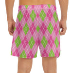 Pink And Green Argyle Pattern Print Men's Split Running Shorts