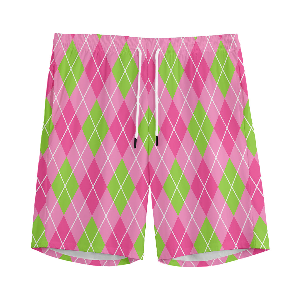 Pink And Green Argyle Pattern Print Men's Sports Shorts