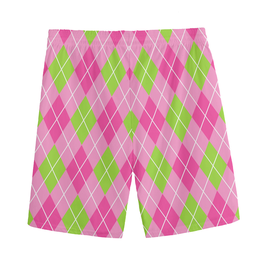 Pink And Green Argyle Pattern Print Men's Sports Shorts