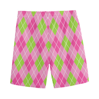 Pink And Green Argyle Pattern Print Men's Sports Shorts
