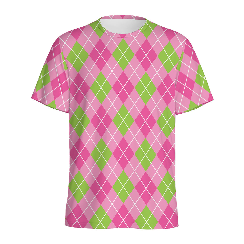 Pink And Green Argyle Pattern Print Men's Sports T-Shirt